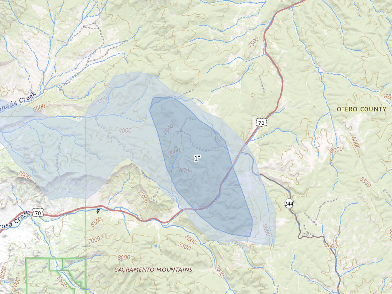 NEXRAD radar-signature map of the hail storm over Mescalero, NM on Aug 1, 2026