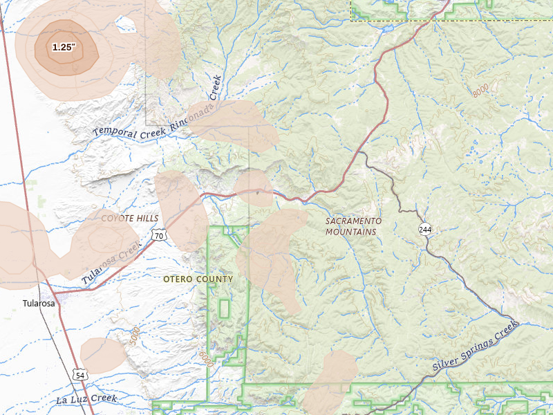 Radar-estimated hail-size map of the storm over Mescalero, NM on Aug 7, 2026