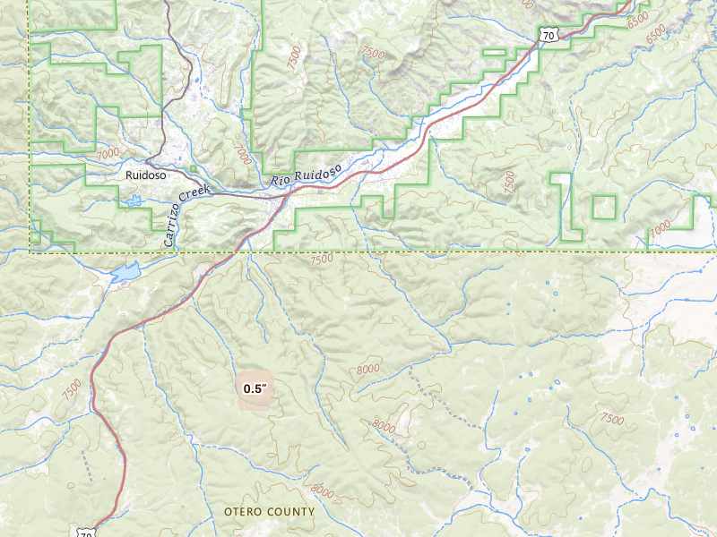 Radar-estimated hail-size map of the storm over Mescalero, NM on Aug 19, 2026