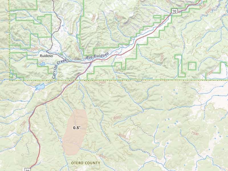 Radar-estimated hail-size map of the storm over Mescalero, NM on Aug 28, 2026