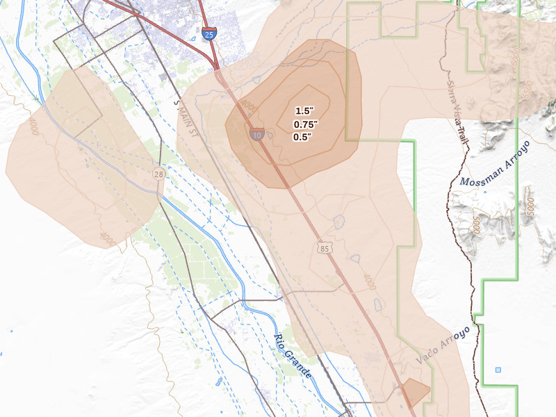 Radar-estimated hail-size map of the storm over Mesilla Park, NM on Jun 3, 2026