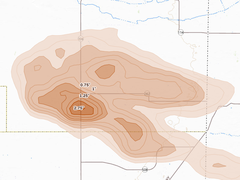 Radar-estimated hail-size map of the storm over Milnesand, NM on May 21, 2026