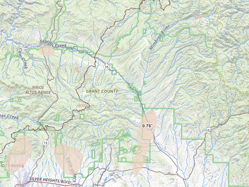 Radar-estimated hail-size map of the storm over Mimbres, NM on Jun 5, 2026