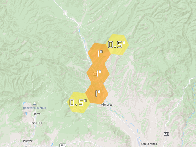 Hail map of Mimbres, NM on Jun 5, 2026, hail up to 1"