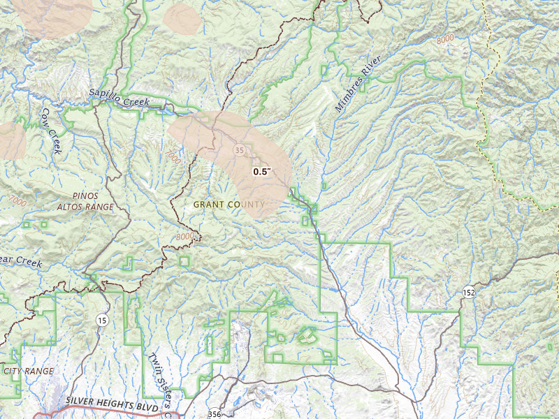 Radar-estimated hail-size map of the storm over Mimbres, NM on Jul 28, 2026