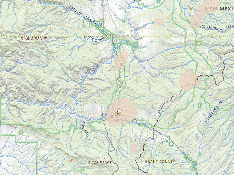 Radar-estimated hail-size map of the storm over Mimbres, NM on Aug 5, 2026