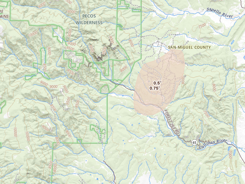 Radar-estimated hail-size map of the storm over Montezuma, NM on Apr 11, 2026