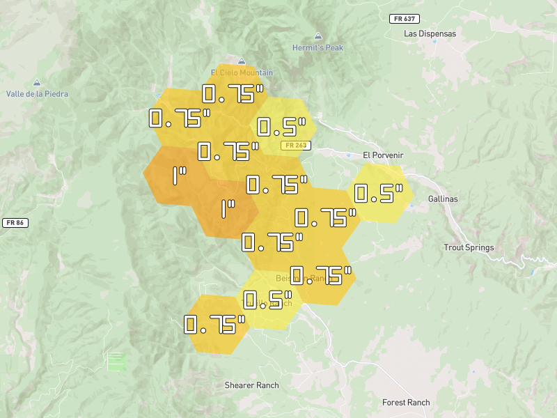 Hail map of Montezuma, NM on Jun 3, 2026, hail up to 1"