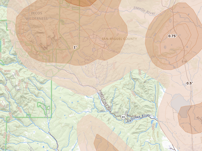Radar-estimated hail-size map of the storm over Montezuma, NM on Aug 19, 2026