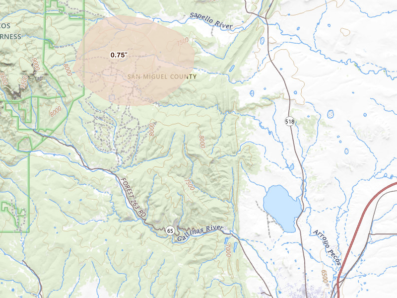 Radar-estimated hail-size map of the storm over Montezuma, NM on Aug 26, 2026