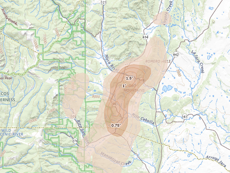 Radar-estimated hail-size map of the storm over Mora, NM on Aug 1, 2026