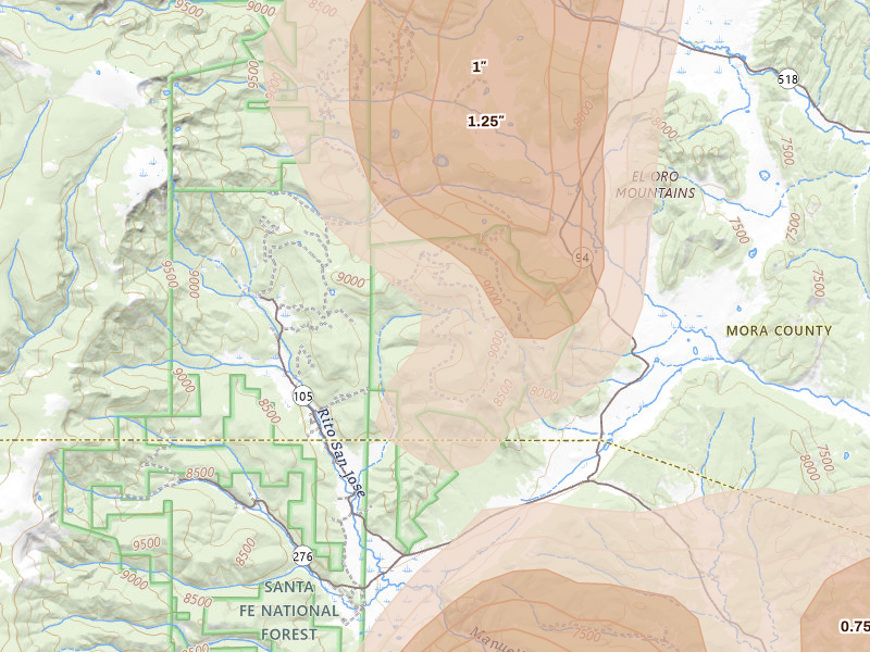 Radar-estimated hail-size map of the storm over Mora, NM on Aug 19, 2026