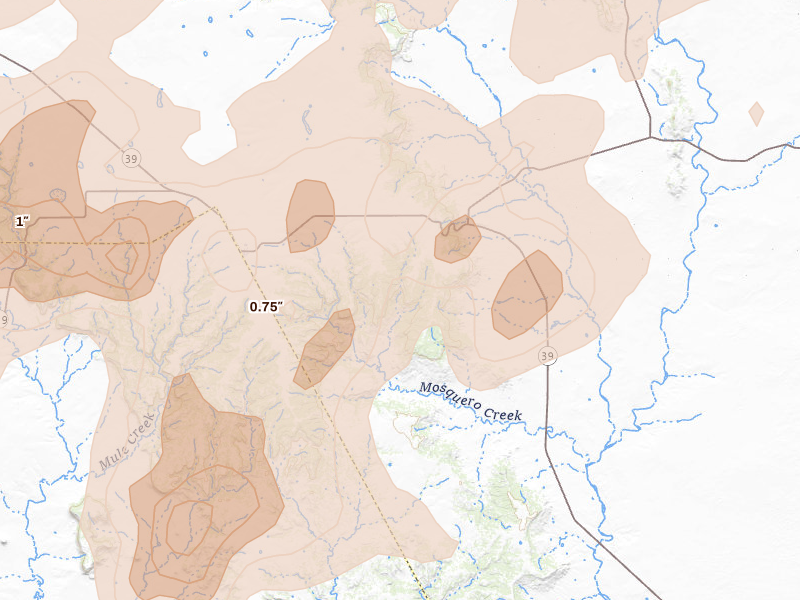Radar-estimated hail-size map of the storm over Mosquero, NM on Jun 12, 2026