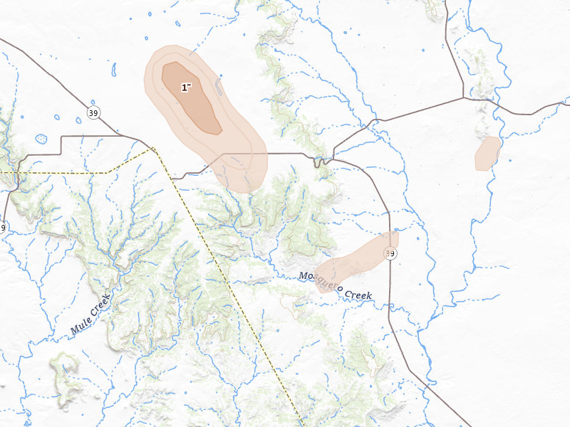 Radar-estimated hail-size map of the storm over Mosquero, NM on Aug 1, 2026