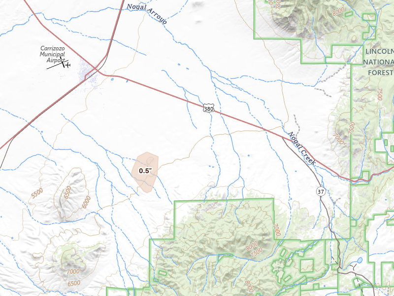 Radar-estimated hail-size map of the storm over Nogal, NM on Jun 3, 2026