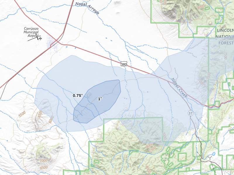 NEXRAD radar-signature map of the hail storm over Nogal, NM on Jun 3, 2026