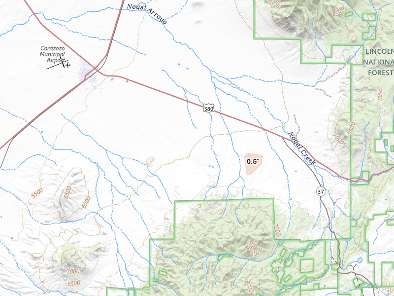 Radar-estimated hail-size map of the storm over Nogal, NM on Jun 15, 2026