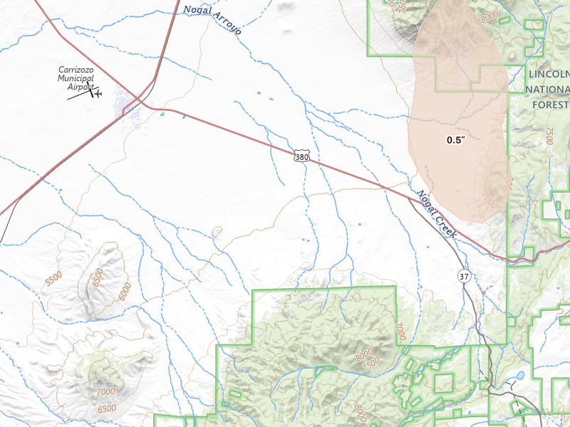 Radar-estimated hail-size map of the storm over Nogal, NM on Jul 5, 2026