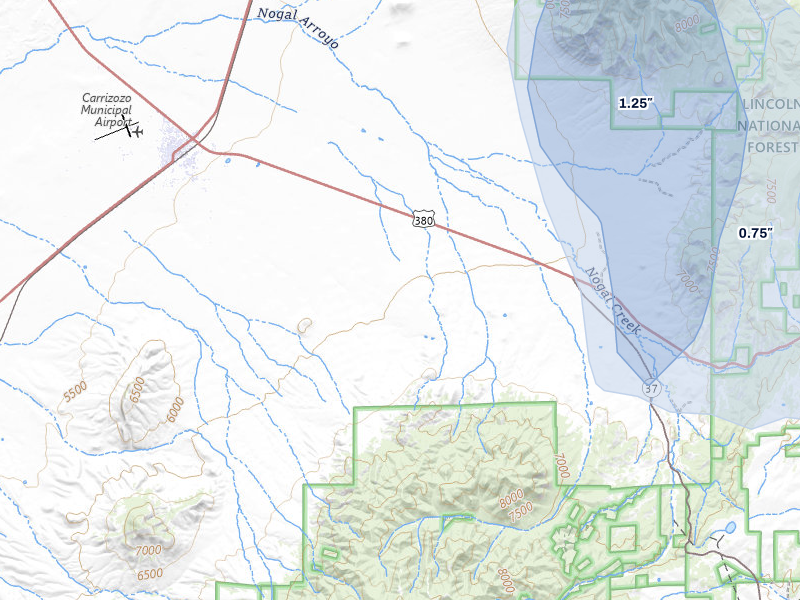 NEXRAD radar-signature map of the hail storm over Nogal, NM on Jul 5, 2026