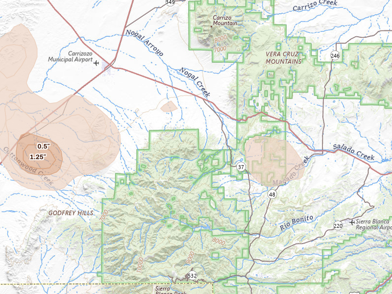 Radar-estimated hail-size map of the storm over Nogal, NM on Aug 1, 2026