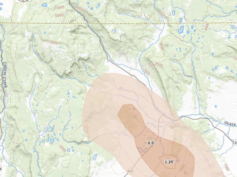 Radar-estimated hail-size map of the storm over Ocate, NM on Jun 24, 2026