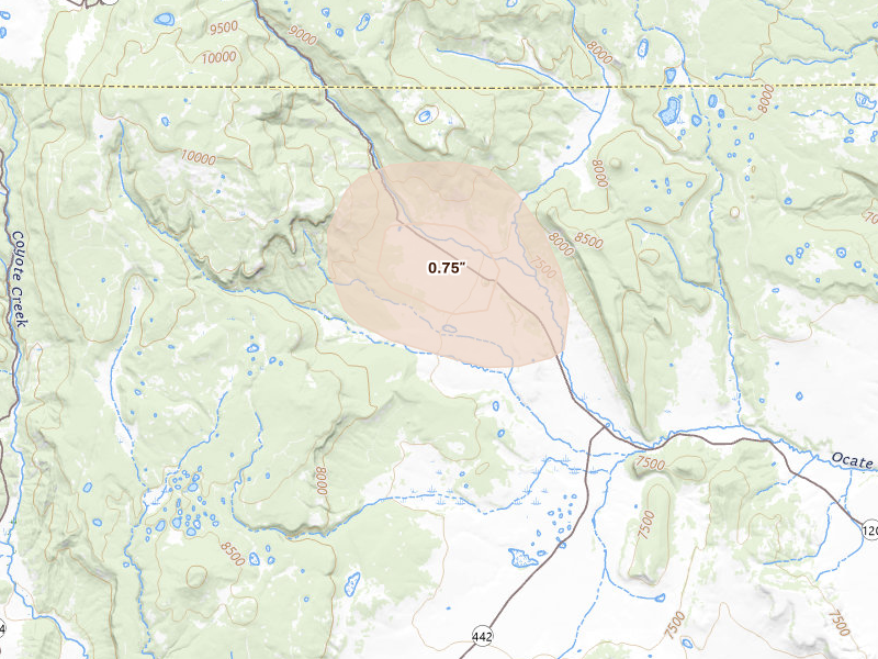 Radar-estimated hail-size map of the storm over Ocate, NM on Aug 16, 2026