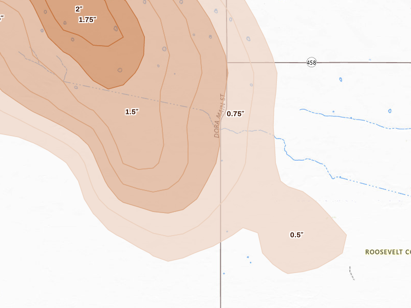 Radar-estimated hail-size map of the storm over Pep, NM on Jul 4, 2026