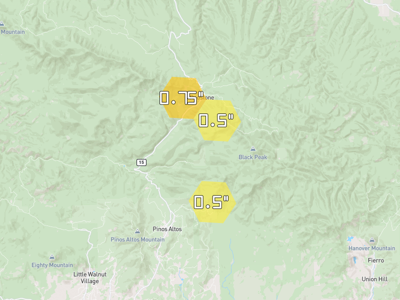 Hail map of Pinos Altos, NM on Jun 5, 2026, hail up to 0.75"