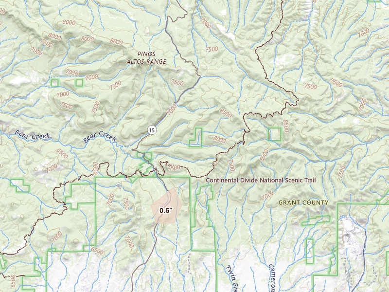 Radar-estimated hail-size map of the storm over Pinos Altos, NM on Jul 30, 2026