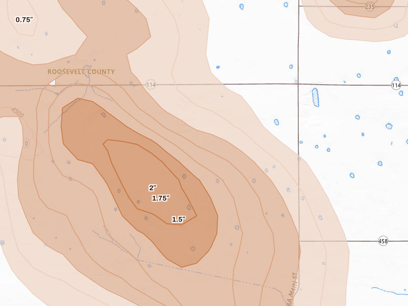 Radar-estimated hail-size map of the storm over Portales, NM on Jul 4, 2026