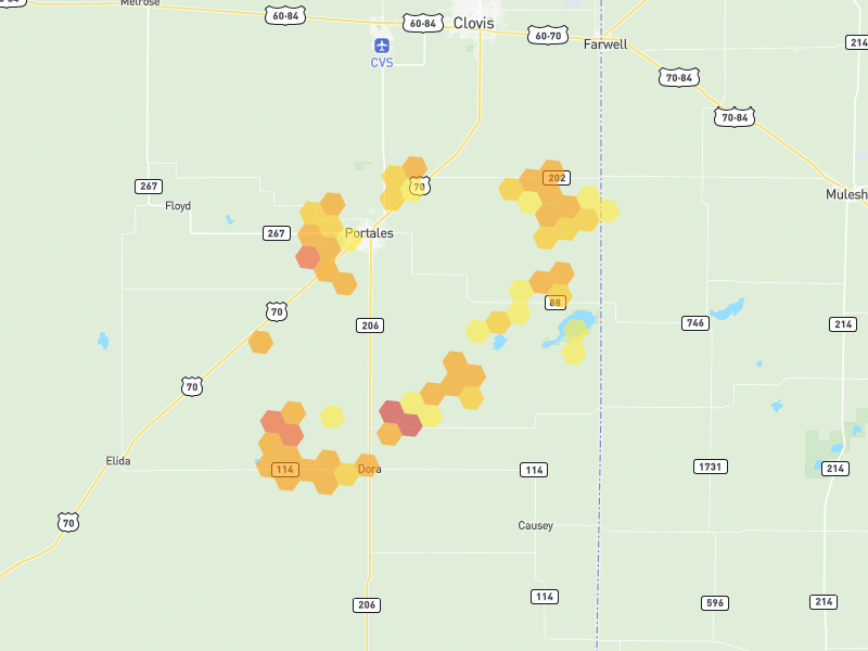 Hail map of Portales, NM on Jul 4, 2026, hail up to 2.25"