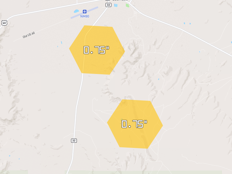 Hail map of Quemado, NM on Jul 28, 2026, hail up to 0.75"