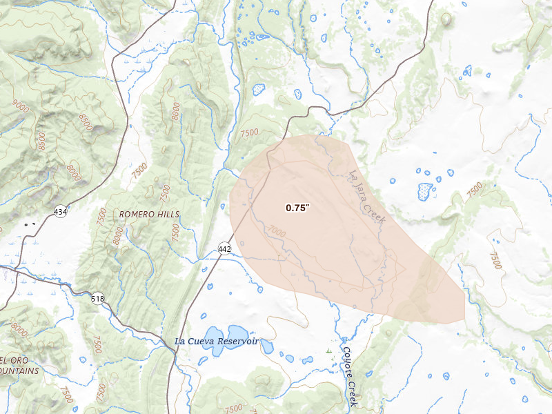 Radar-estimated hail-size map of the storm over Rainsville, NM on Aug 26, 2026