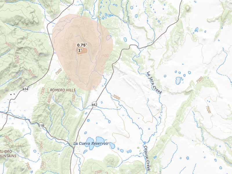 Radar-estimated hail-size map of the storm over Rainsville, NM on Aug 27, 2026