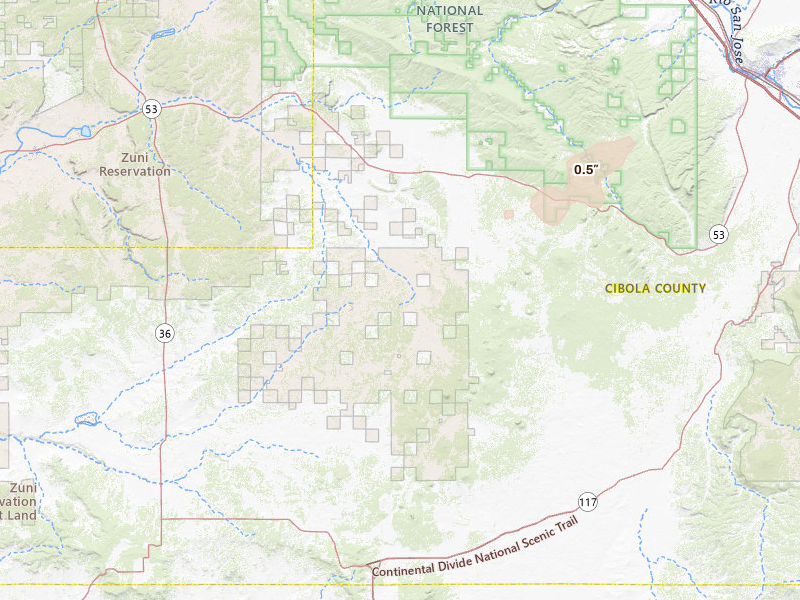 Radar-estimated hail-size map of the storm over Ramah, NM on Jun 26, 2026