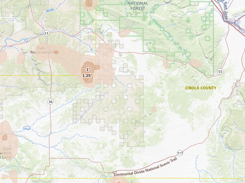 Radar-estimated hail-size map of the storm over Ramah, NM on Jul 28, 2026