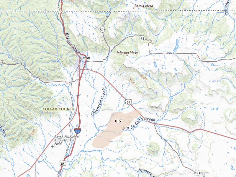 Radar-estimated hail-size map of the storm over Raton, NM on Apr 11, 2026
