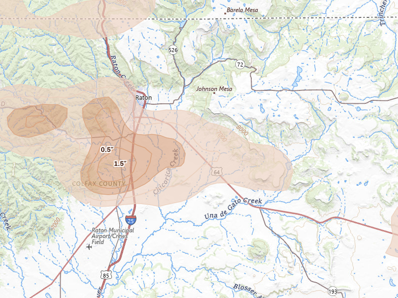 Radar-estimated hail-size map of the storm over Raton, NM on Jun 12, 2026