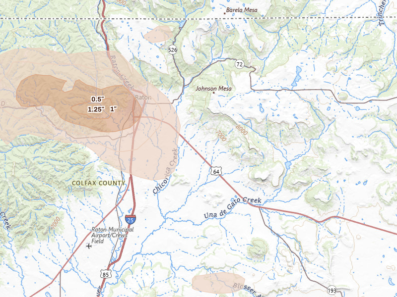 Radar-estimated hail-size map of the storm over Raton, NM on Jun 24, 2026
