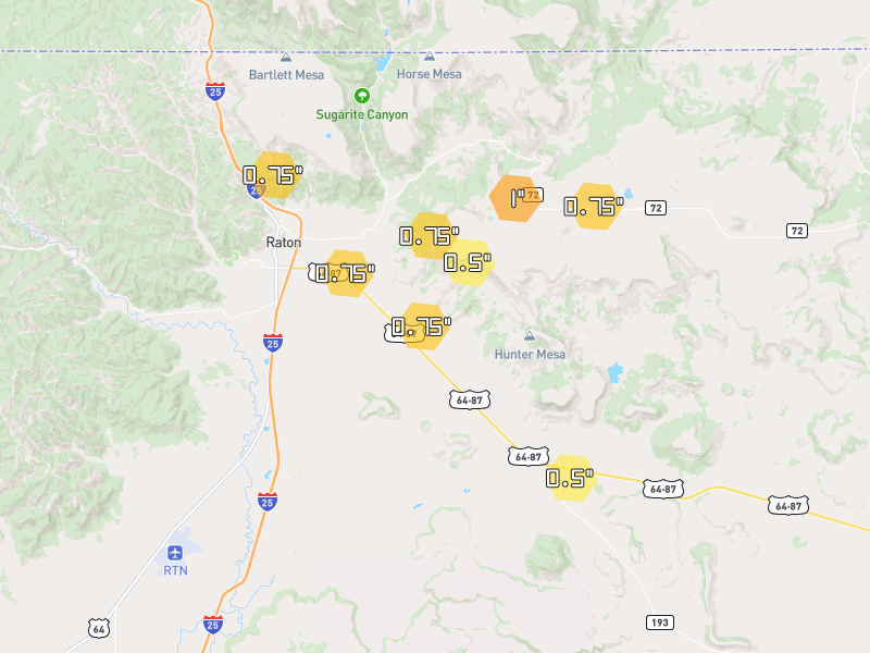 Hail map of Raton, NM on Jun 26, 2026, hail up to 1"