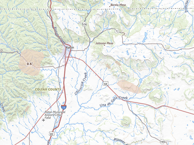 Radar-estimated hail-size map of the storm over Raton, NM on Jul 30, 2026