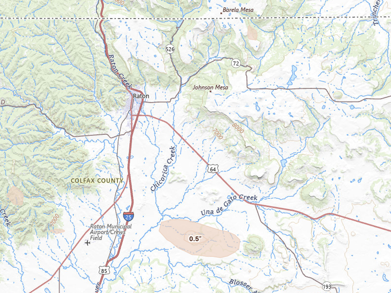 Radar-estimated hail-size map of the storm over Raton, NM on Jul 31, 2026