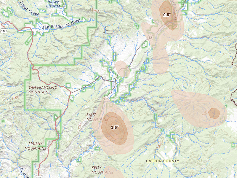 Radar-estimated hail-size map of the storm over Reserve, NM on Jul 28, 2026