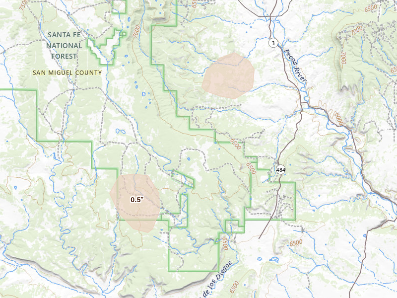 Radar-estimated hail-size map of the storm over Ribera, NM on Aug 27, 2026