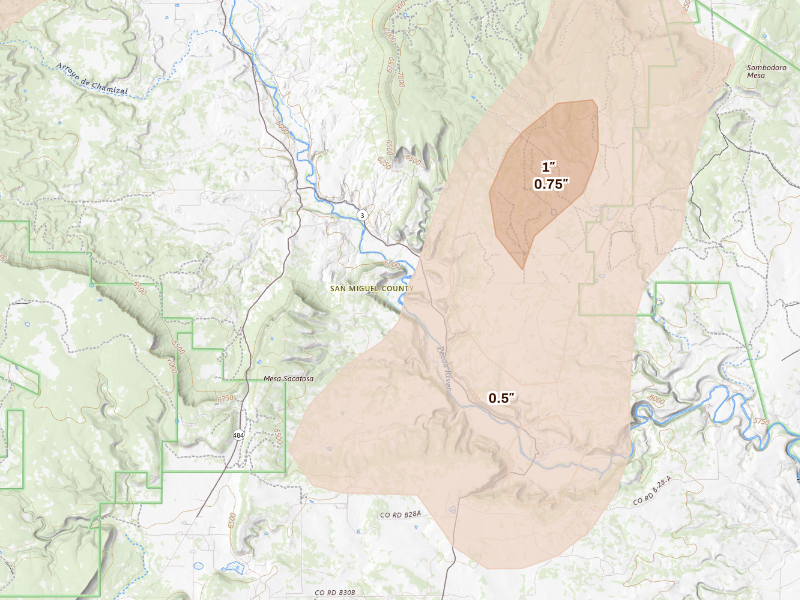 Radar-estimated hail-size map of the storm over Ribera, NM on Sep 25, 2026