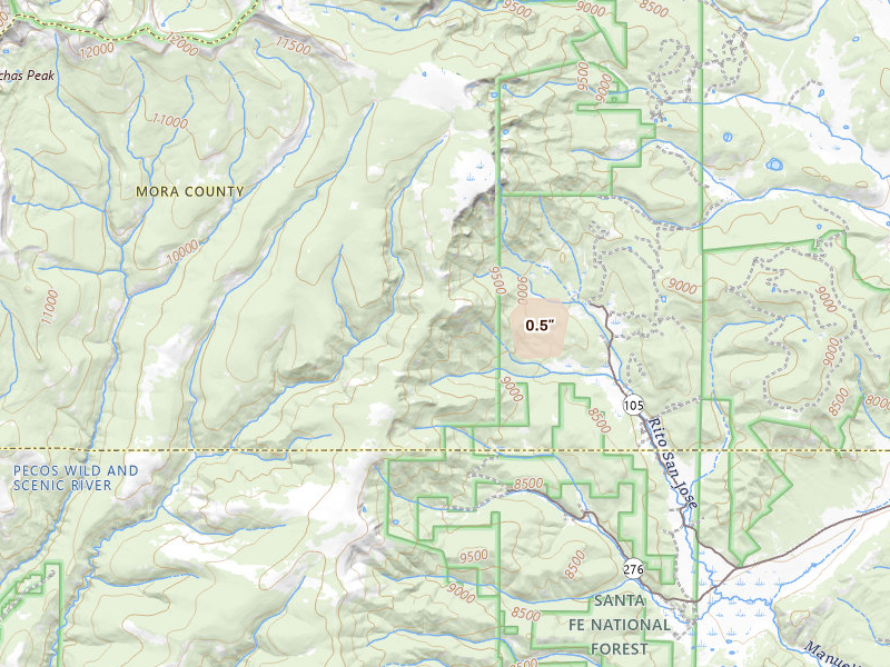 Radar-estimated hail-size map of the storm over Rociada, NM on Jul 27, 2026