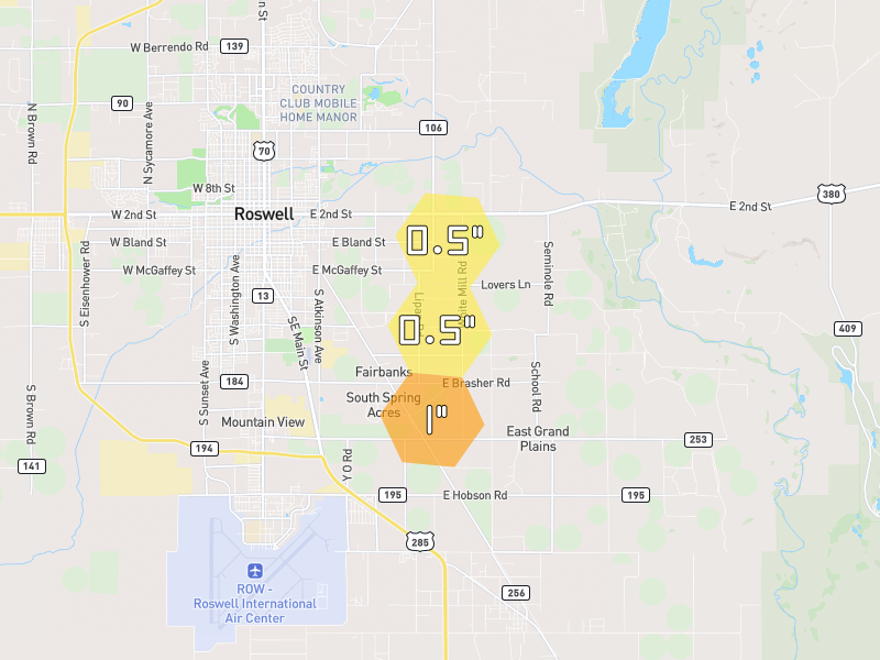 Hail map of Roswell, NM on Jul 1, 2026, hail up to 1"