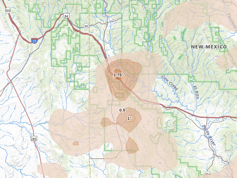 Radar-estimated hail-size map of the storm over Rowe, NM on Jun 24, 2026