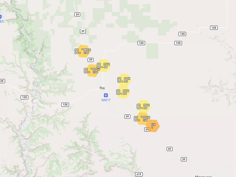 Hail map of Roy, NM on Jun 6, 2026, hail up to 1"