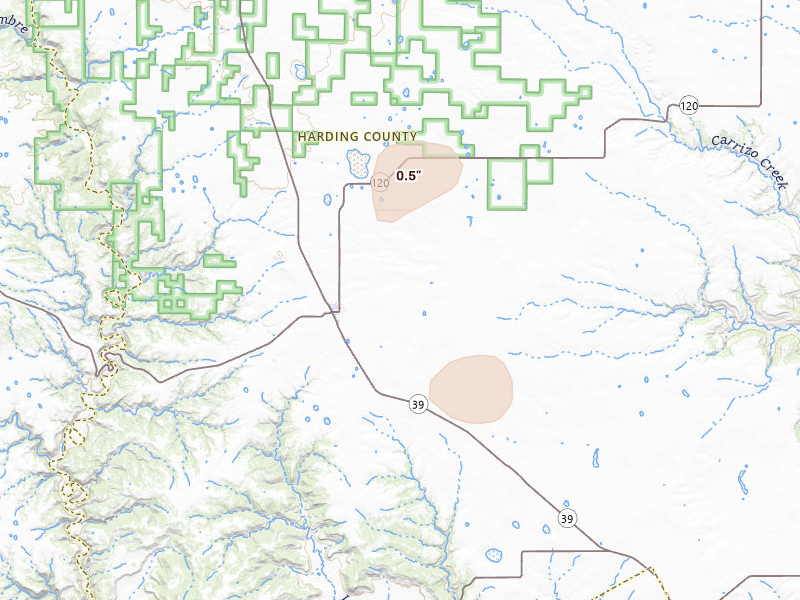 Radar-estimated hail-size map of the storm over Roy, NM on Aug 7, 2026
